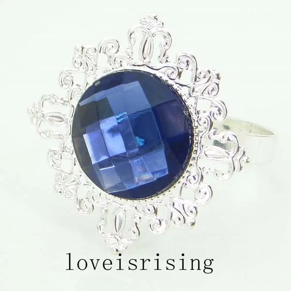 50pcs/Lot Navy Blue Gem Napkin Rings Silver Plated Vintage Style Wedding Dinner Decoration Serviette Holder