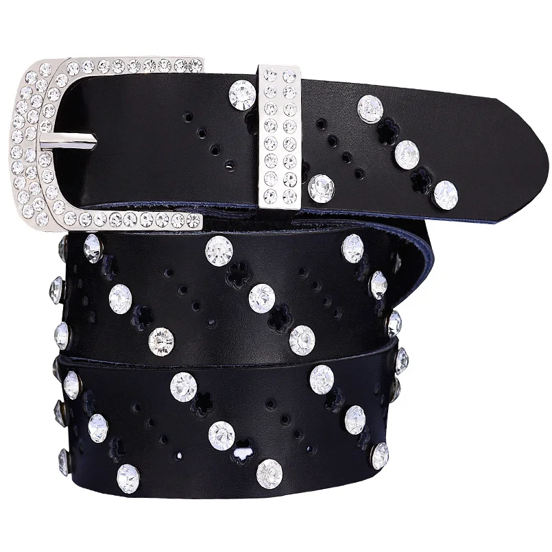 Hollow genuine leather belts for women Fashion rhinestone female belt for jeans Quality cow skin woman waist strap Width 3.3 cm