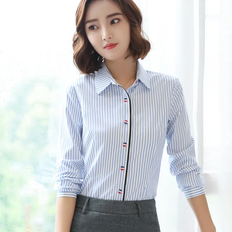 Fashion Clothes Women Blue Stripes Shirt New Formal Business Slim Long Sleeve Blouse Office Ladies Work Tops