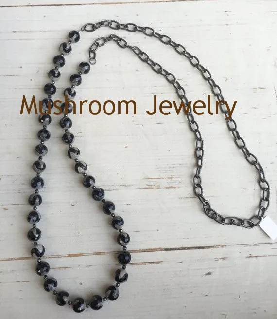 Glam Gunmetal Chain Long Dzi Agates Beads Necklace Boho Chain  Necklace