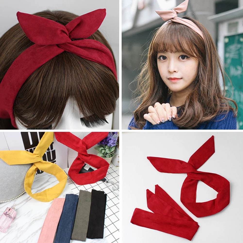 1PC Korean Suede Retro Solid Color Rabbit Ears Headbands Cross Bow Hairbands Metal Wire Scarf Headband Hair Band accessories