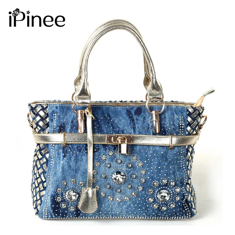 

iPinee Summer Fashion womens handbag large oxford shoulder bags patchwork jean style and crystal decoration blue bag