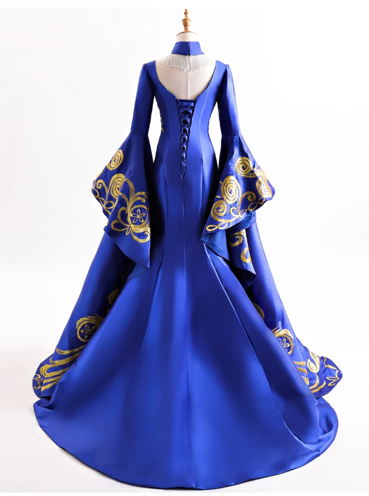 100%real royal blue golden embroidery phornix bird drama gown/long studio stage performance gown/can customs size making