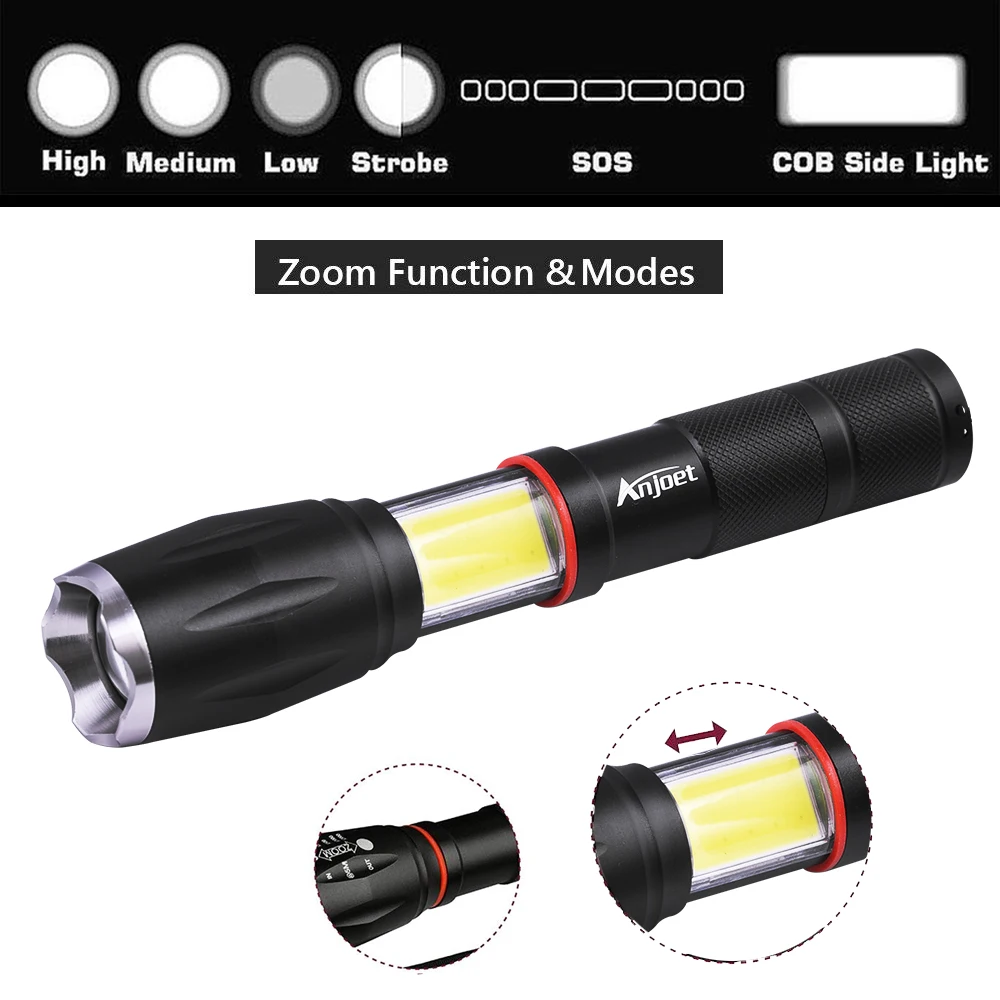 Anjoet LED Tactical flashlight side COB lamp design T6 Zoomable torch Magnetic 6 light modes for 18650 battery + charger