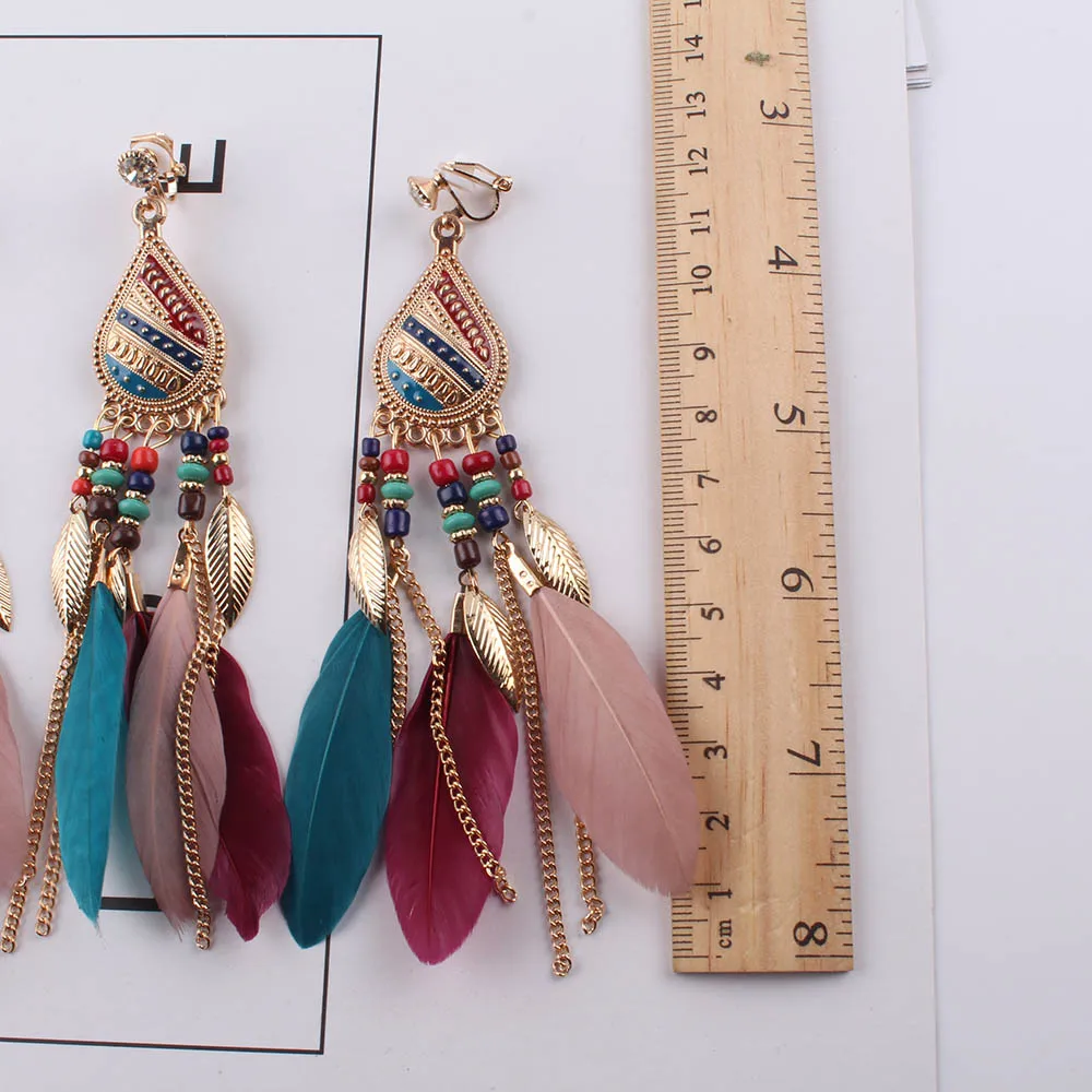 Summer Fashion Jewelry Bohemia Ethnic Vintage Long Feather Clip on Earrings 4 colors Charm Earrings BOHO Beach Holiday Style