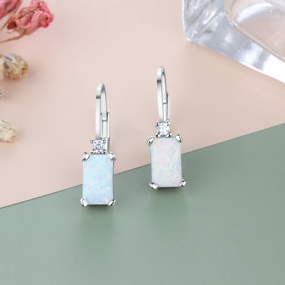 925 Sterling Silver Earrings Rectangular Created White Opal Earrings Fine Jewelry Accessories for Women Wedding Anniversary Gift