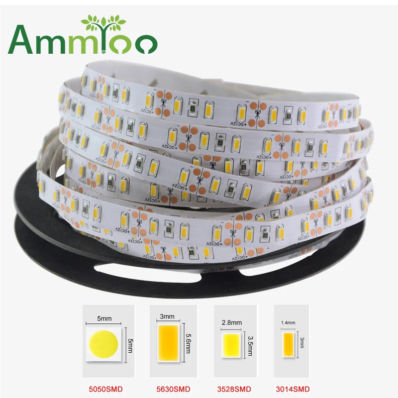 AmmToo-tira de luces Led Flexible, cinta luminosa de 5M, 10M, 15M, 20M, 25M, 30M, 60LEDs/M, SMD 5050, 3014, 3528, 5630, DC 12V