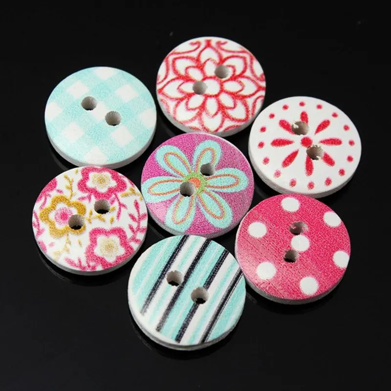 50 PCS 15mm Mixed Round Retro Floral Printing Pattern 2 Holes Wood Decorative Button For DIY crafts Wedding Decor Accessories