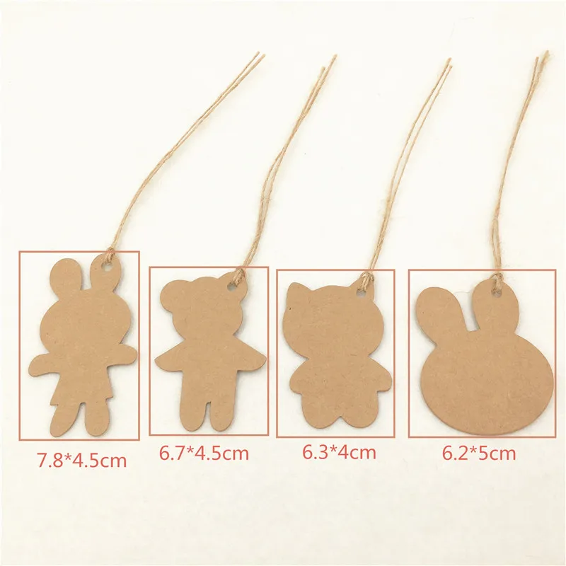 100Pcs/Lot Cute Bear Rabbit Shape Hang Tag Brown Multi Style Lovely Gift Garments Toy Packing Labels Tags+100Pcs Hemp Strings