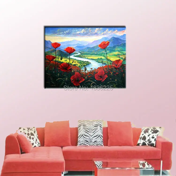 Art Supplies Customized Accepted Red Flower Knife Oil Painting for Wall Decor Handmade Creek Landscape Oil Painting on Canvas