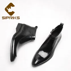 Sipriks Mens Leather Ankle Boots Black Pointed Zip Boots Formal Suits Gents Cowboy Wine Red Boots Luxury Top Quality Rubber Boot