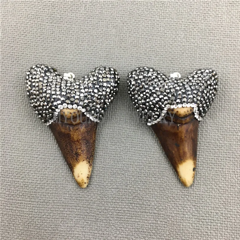 MY0489  Brown Shark Tooth Shape Resin Pendant Charm Paved Rhinestone Cap Bohemia Necklace Jewelry Making