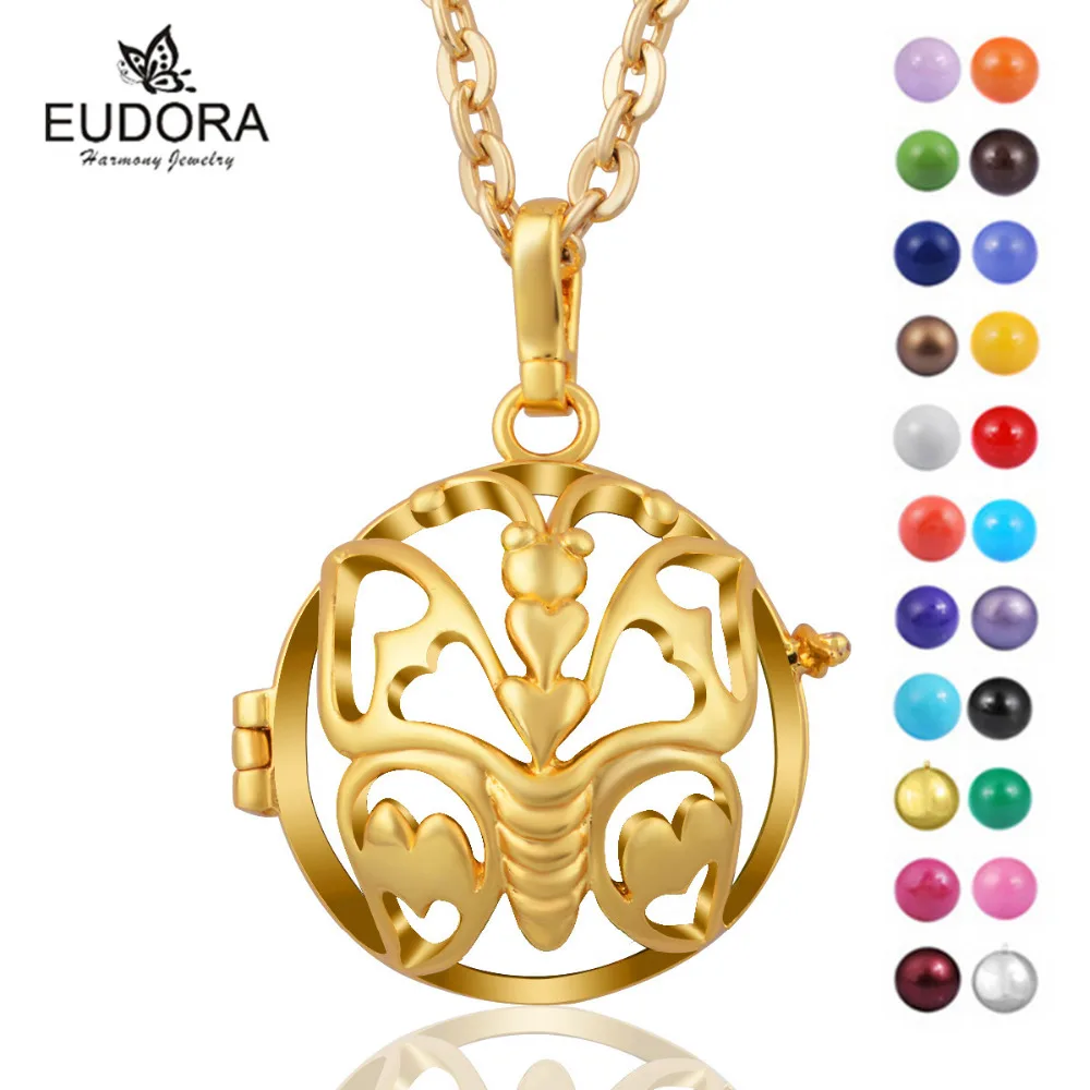 Eudora Angel Caller Bola Butterfly Pendant Gold Color Cage Locket with Mix Color Harmony Ball Ringing Chime Pendant For Women