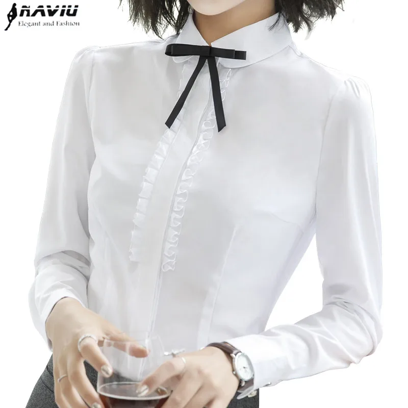 New Elegant Women Lace Shirt Temperament Formal Bow Tie Long Sleeve Slim Blouses Office Ladies Work Tops White Gray