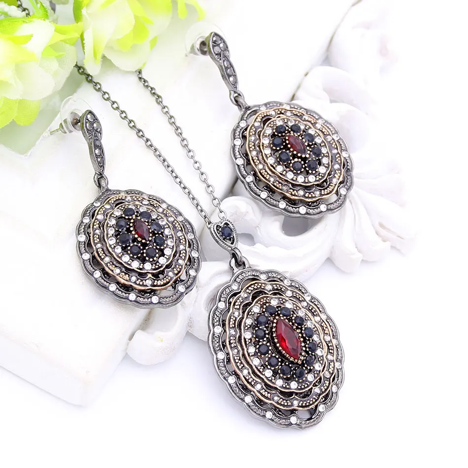 SUNSPICE-MS Retro Vintage Turkish Round Drop Earring Necklace Sets For Women Arabic Ethnic Wedding Jewelry with Rhinestone