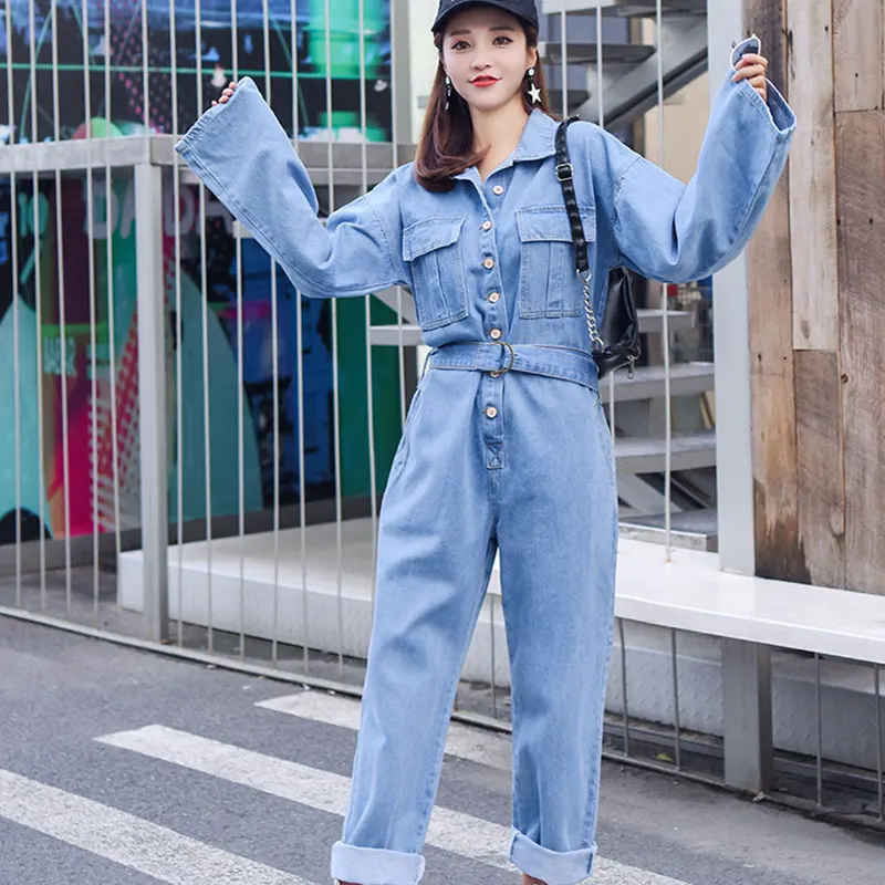 Casual Blue Denim Romper Jumpsuits Women Solid One Piece Long Sleeve Bodysuit Femme Jean Overalls with Sashes Plus Size Playsuit
