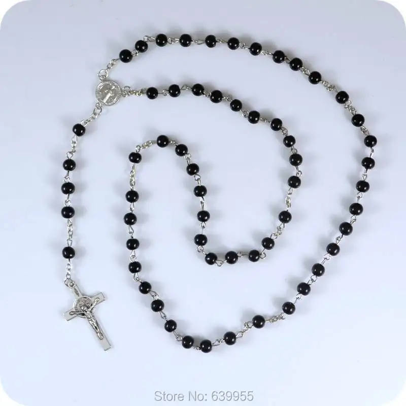 Rosario de cristal negro de 6mm, medalla de San Benito, colgante de cruz de Jesús INRI, joyería religiosa de moda católica y cristiana
