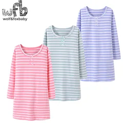 Retail 3-14 years long-sleeves cotton children's home wear nightdress girl kids pajamas autumn fall Spring stripped