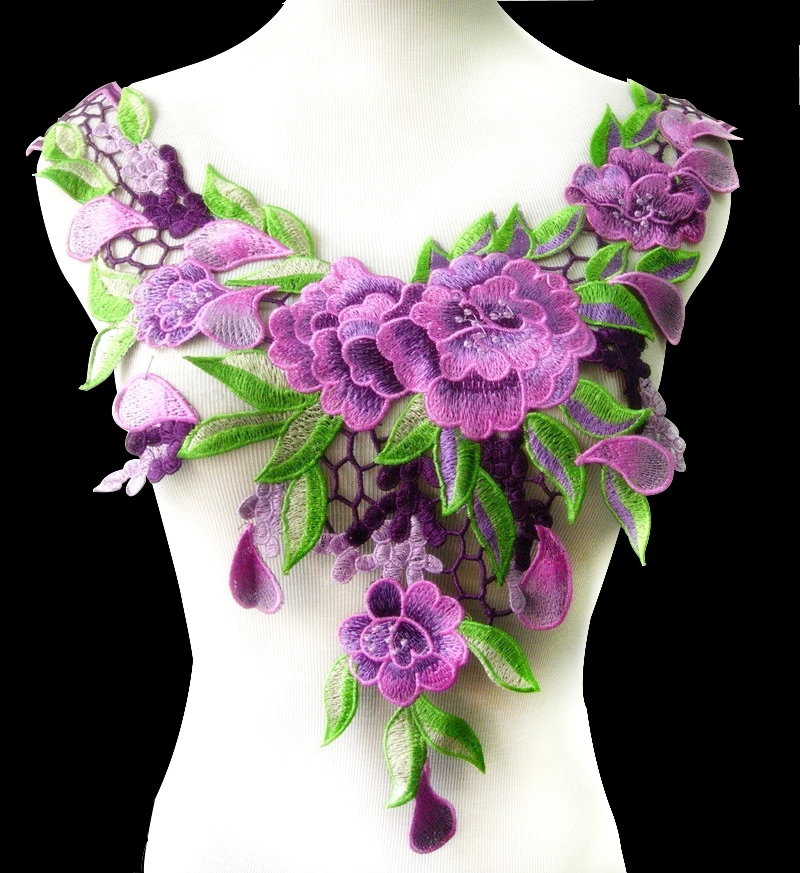 2piece Purple Tone Lace Multicolours Floral Embroidered Peony Collar Neck Venise Applique Trimming Sewing Accessories T1335
