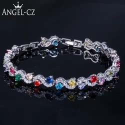 ANGELCZ Brilliant Multi Color Cubic Zirconia Stones Women Silver Color Bracelets Bangles for Femme Summer CZ Jewelry AB038