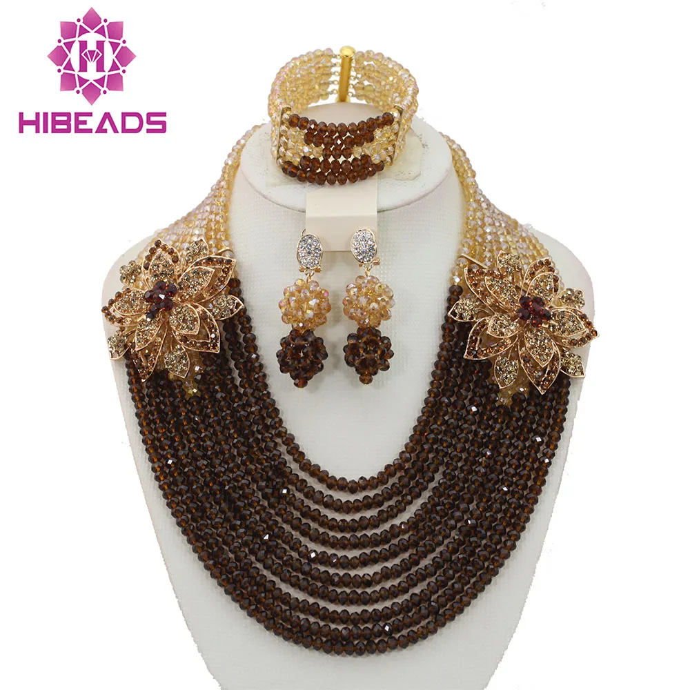 

Brown/Champagne 10 Rows Crystal Beads Jewelry Set Fashion African Beads Jewelry Set Bridal Necklace Set New Free ShippingABL919