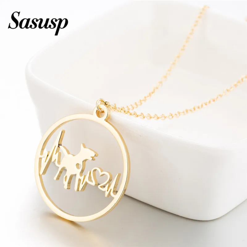 Fashion Fine Heart Bull Terrier Dog Pendant Stainless Steel Round Animal Jewelry Simple Sweater Chain Lovers Gift for Women Men