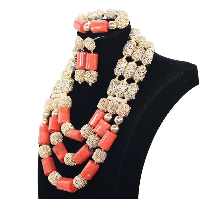 Dubai Gold Bold Statement Jewelry Set High Quality Original Big Coral Beads African Jewelry Set for Women Free Shipping ABH553