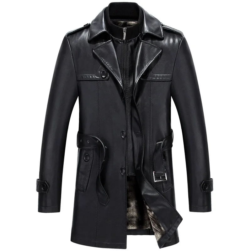 Free shiping 2019 new  black sheepskin soft matte men smart casual long style leather trench thick warm coat over coat on sale