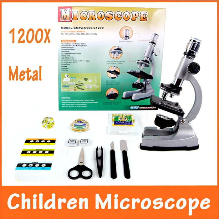 

10X 20X Zoom Eyepiece Magnification 1200X Illuminated Child Metal Student Monocular Toy Microscope with Specimen for Children