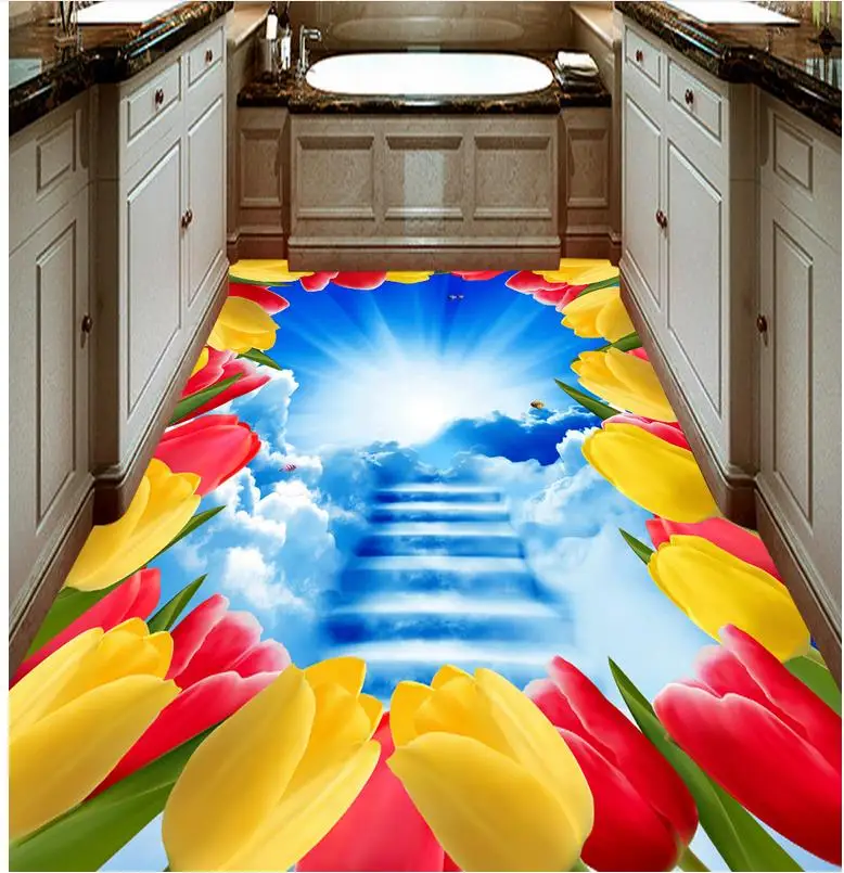 

3d floor painting wallpaper Tulip cloud ladder cloud sky bathroom 3d floor pvc self-adhesive wallpaper 3d flooring