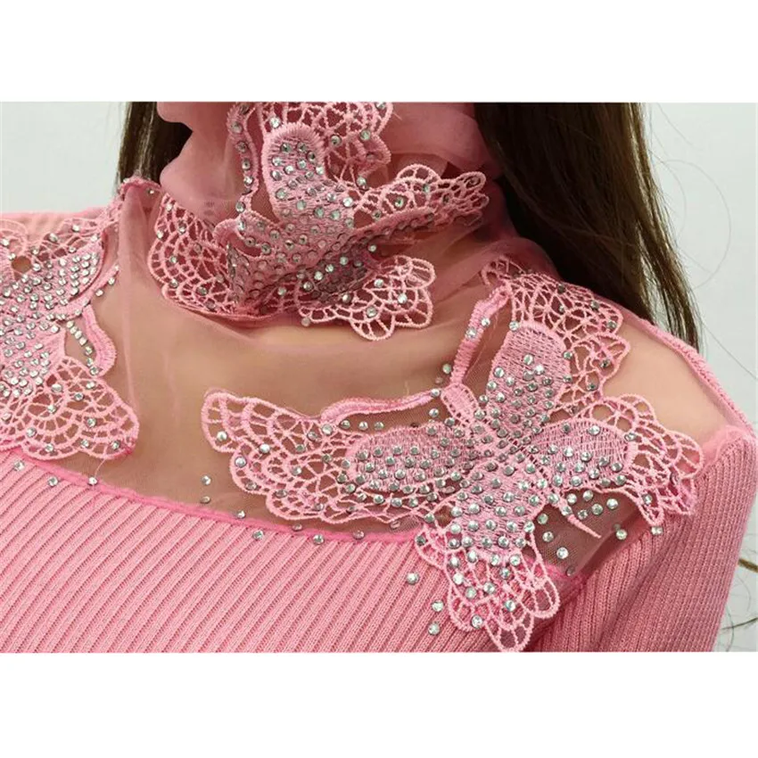 New Women Turtleneck Sweater Autumn Winter Mesh Patchwork Knitted Pullovers Flowers butterfly Basic Sweaters Female Tops AB700