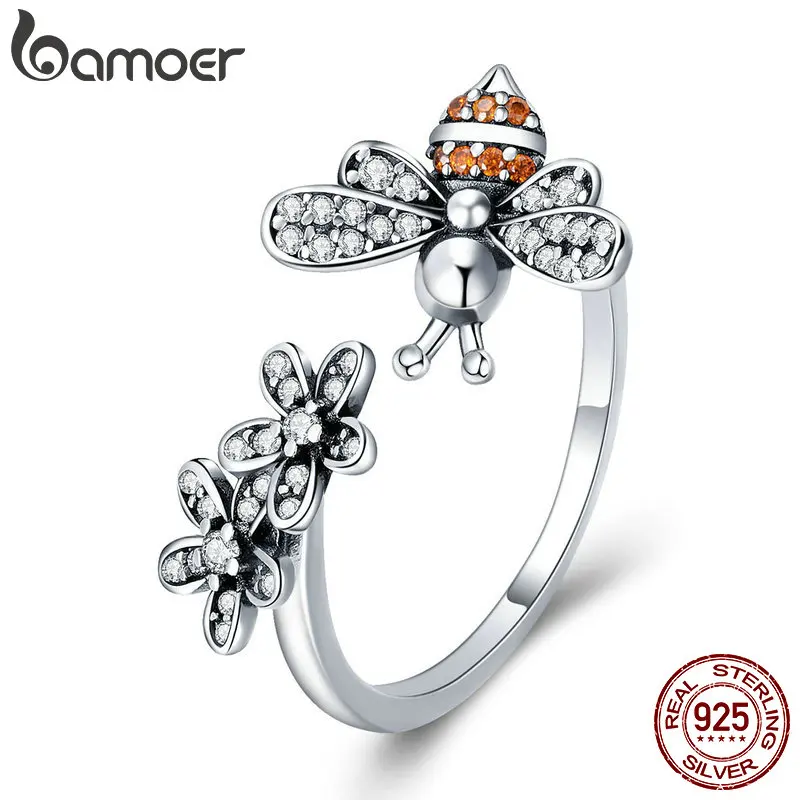 

BAMOER 100% 925 Sterling Silver Trendy Bee & Daisy Flower Finger Rings for Women Adjustable Size Valentine Gift Jewelry SCR422