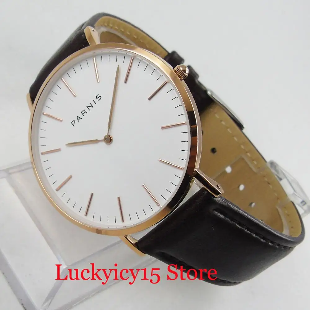 PARNIS Dress 41mm Quartz Men\'s Watch With Golden Watch Case Golden Marks Simple Dial Leather Strap