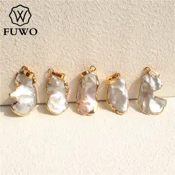 FUWO Wholesale Bizarre Shape Of Pearls Pendant Golden Plated edge Natural Mother of Pearl Accessories For Jewelry Making PD527