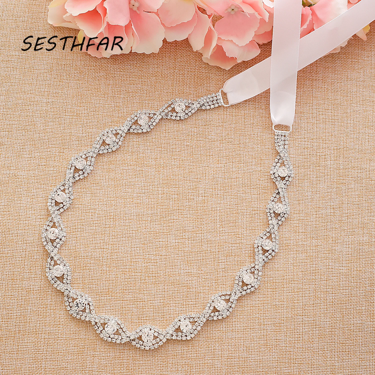 

SESTHFAR Crystal Wedding Belts Satin Rhinestone Wedding Dress Belt Handmade Bridal Ribbon Belts Wedding Accessories