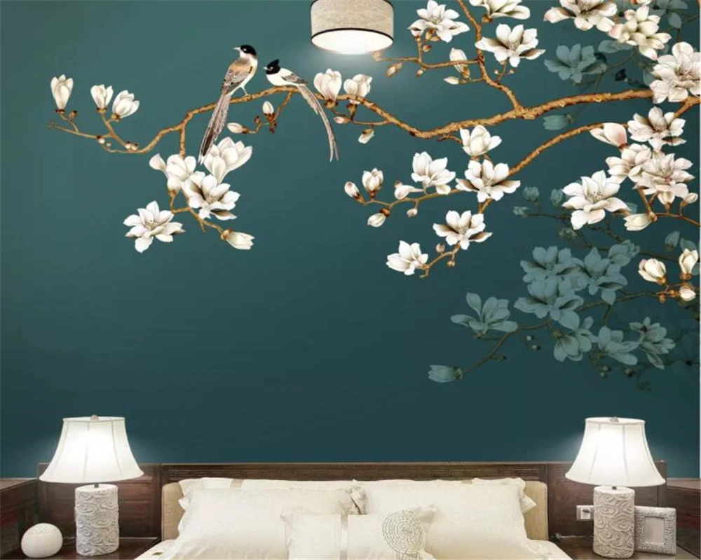 

Custom interior decoration wallpaper hand painted modern flowers and birds Living room backdrop wall 3d wallpaper