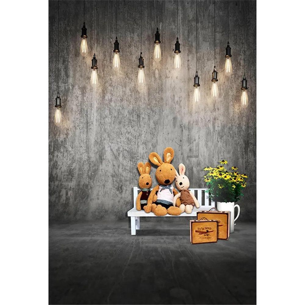 

Solid Grey Wall Floor Abstract Photography Backdrops Printed Bulbs White Bench Toy Bear Suitcases Flowers Kids Photo Backgrounds