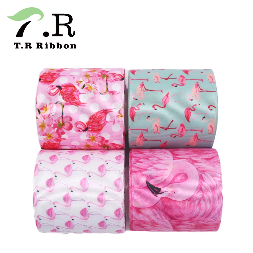 

3" 75mm Heat Transfer Flamingo Printed Grosgrain Ribbon For DIY Sewing Accessories 10Yards