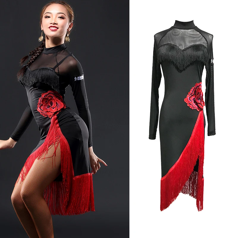 

Latin Dance Dress Black Long Sleeve Latin Red Fringe Dress Women Competition Performance Wear Salsa Tango Cha Cha Clothes A3130