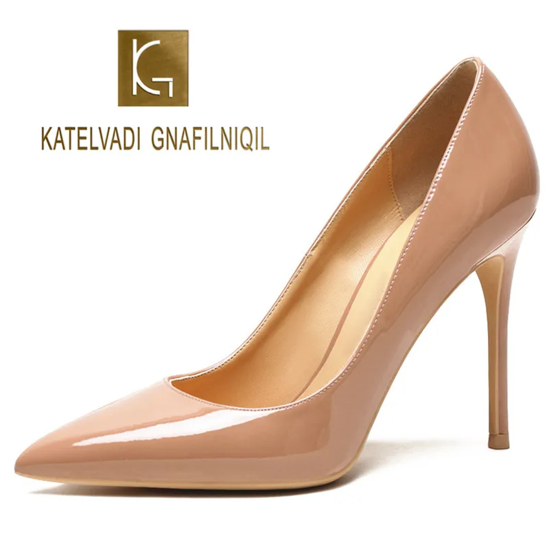 

KATELVADI Women Pumps Nude Lacquer Patent PU Leather 10CM High Heels Shoes for Wedding Party Sexy Stiletto Heels K-357