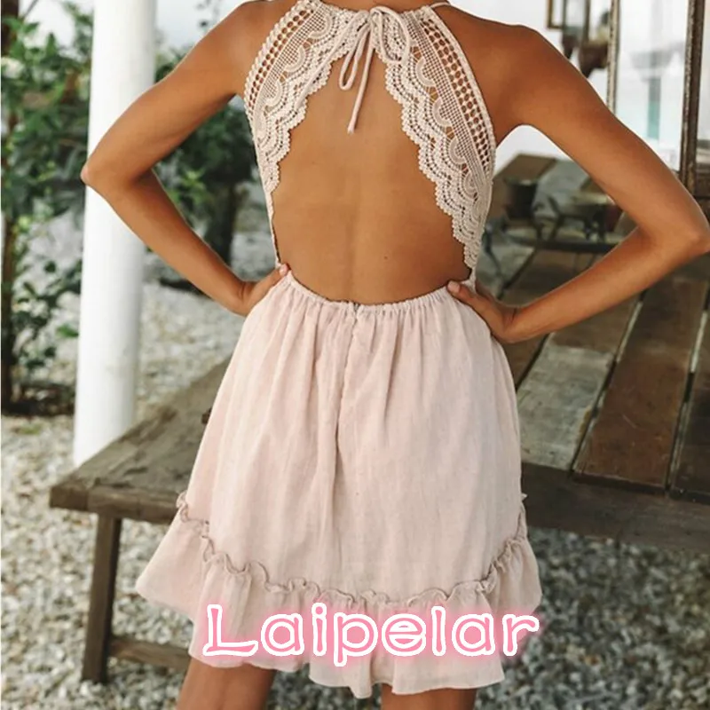 Sexy Crochet Lace Backless V Neck Summer Dress Women Strap Sleeveless Hollow Out Short Dress Casual Beach Party Dresses Vestidos