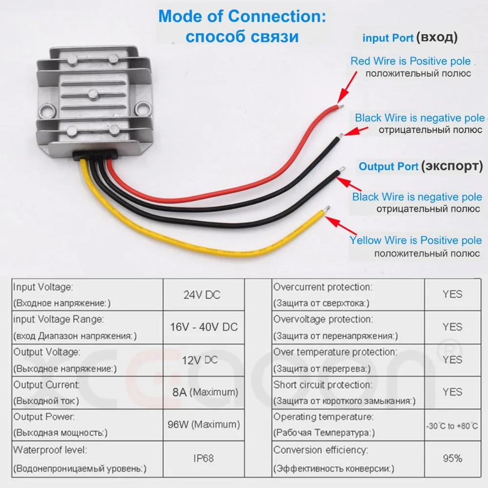 XCGaoon DC Converter Adapter Input DC 24V ( Voltage Range 16V-40V ) Output 12V 8A 96W Step Down Car Power Supply