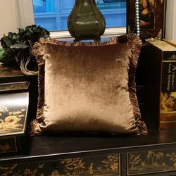 Luxurious Solid Brown Turquoise Blue Shiny Soft Velvet Cushion Cover Fringe Pipping Decorative Sofa Pillow Case 45 x 45 cm