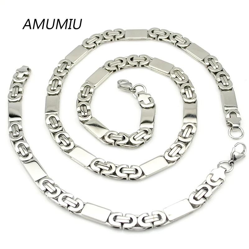 AMUMIU Mens Chain Stainless Steel Necklace Bracelet Sets Flat Byzantine Fashion Necklaces for Women Punk HZTZ057