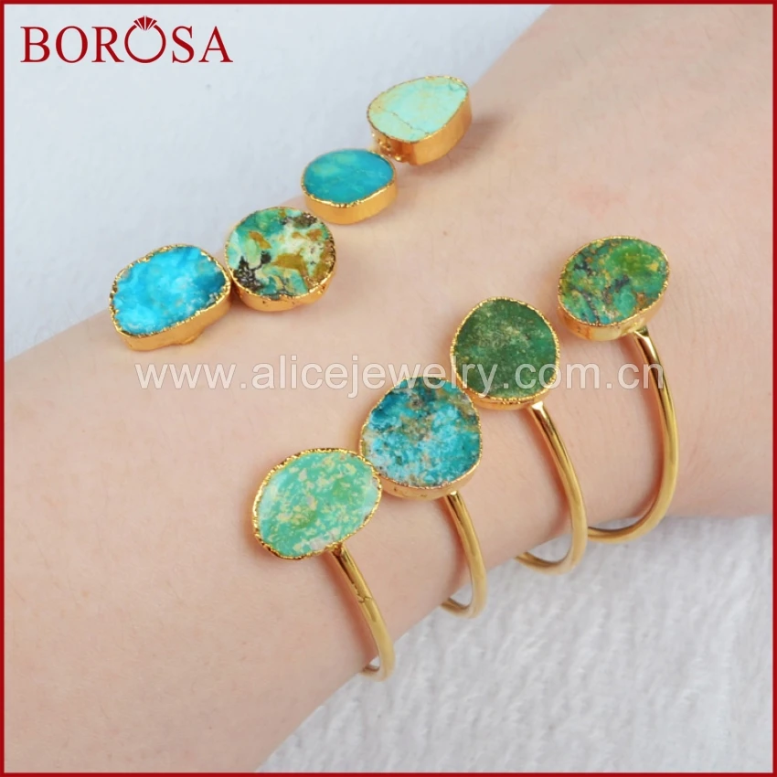 BOROSA Blue Stone Handcuff Bangle Freeform Natural Blue Stone Adjustable Bangle Gold Color Blue Stone Jewelry G0235