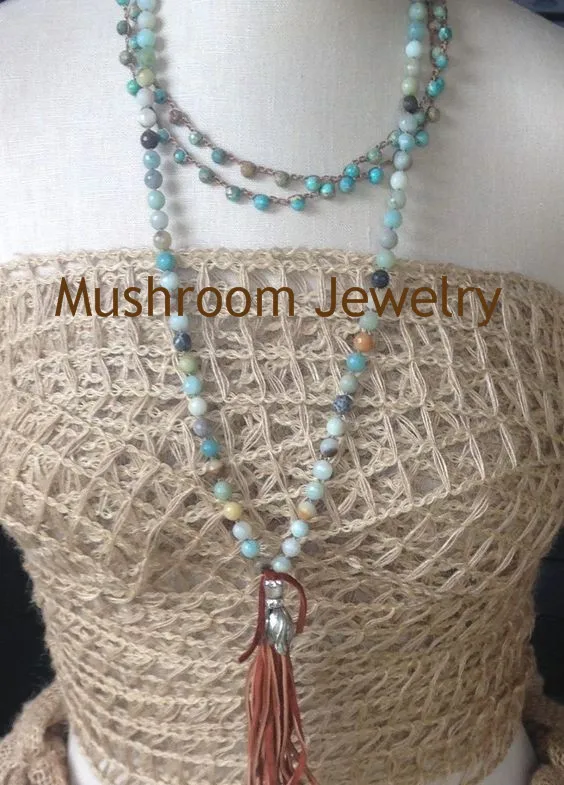 Bohemian Amazonite Stone Bead Link leather Tassel Women Ethnic Necklace