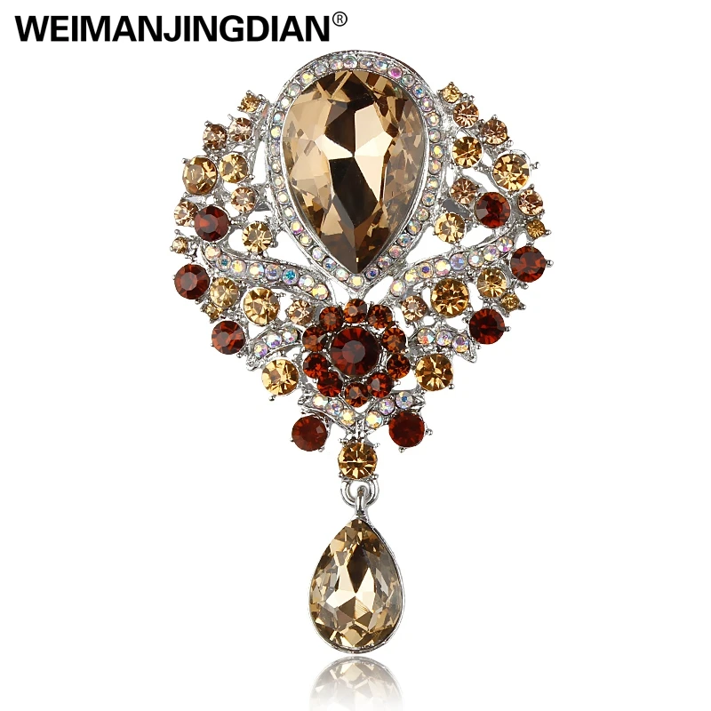 WEIMANJINGDIAN Brand Large Crystal Rhinestones Diamante Teardrop Wedding Brooch Pins Decor Jewelry in Assorted Colors