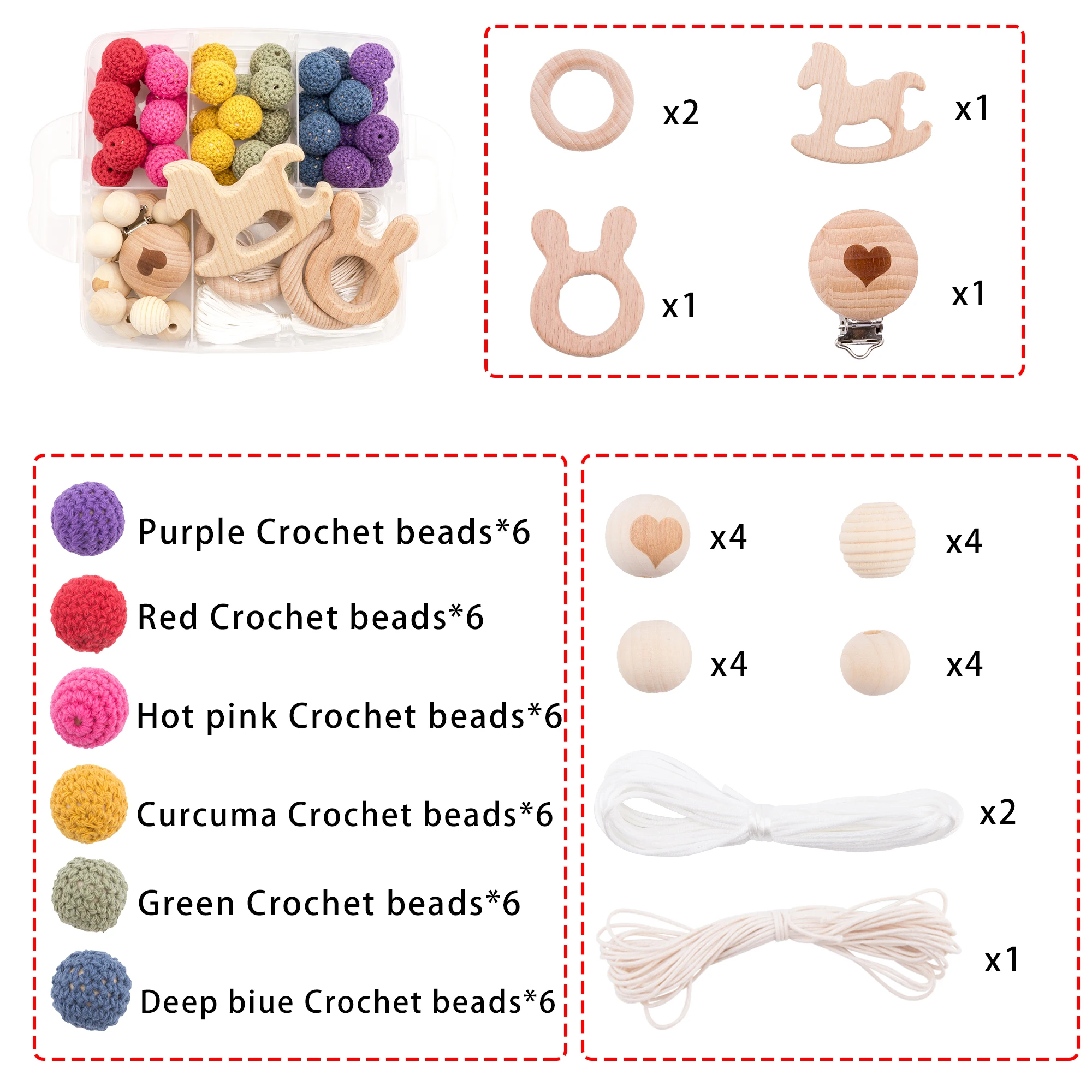 Let's Make 1set Wooden Teether Crochet Beads Animal Shape Wood Combination Package Baby Rattle Diy Accessories Baby Teether