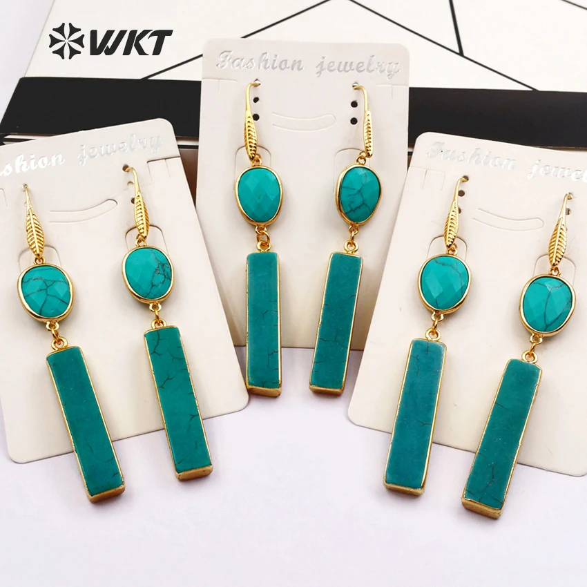 

WT-E423 Wholesale classic style long bar earrings series high quality natural stone women earrings unique design leaf ear hook