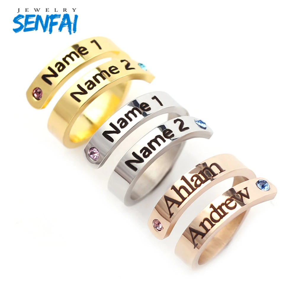 Senfai Custom Name Open Ring Crystal Double Name with Birthstone Rings for Couple Lover Fashion Trendy Best Gift Top Quality